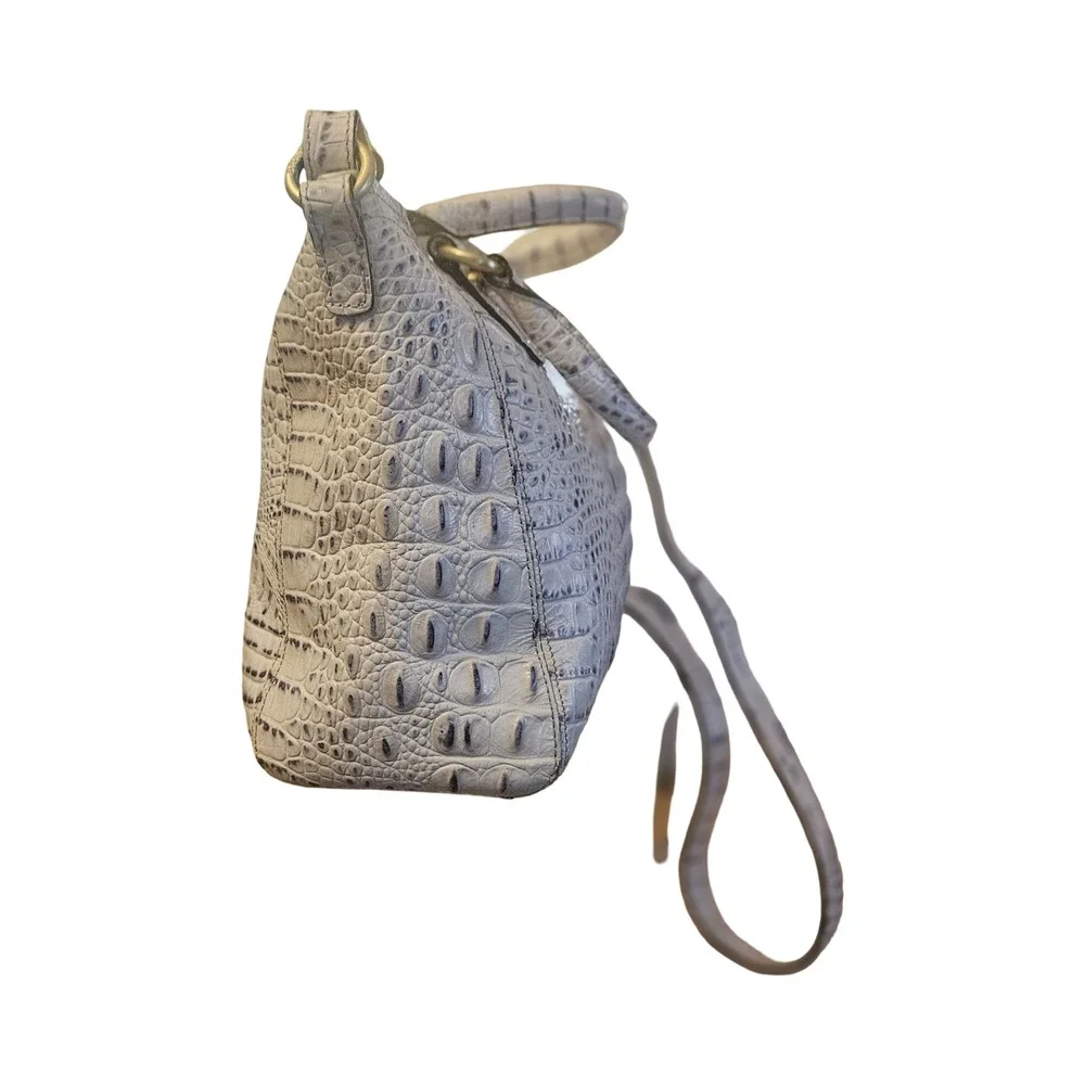 Brahmin Croc Embossed Leather Satchel Crossbody Bag Gray Cream Gold Hardware